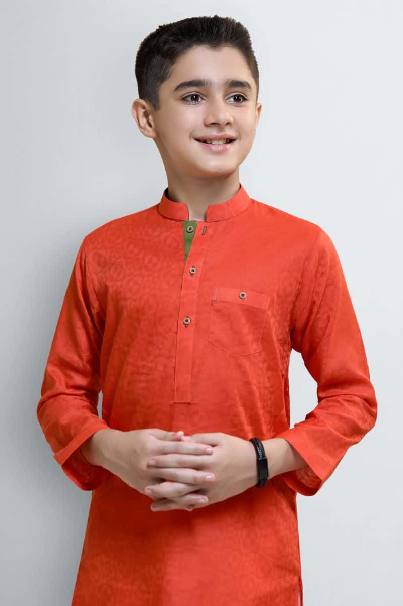 Orange Boys Self Textured Kurta Pajama - alternate view