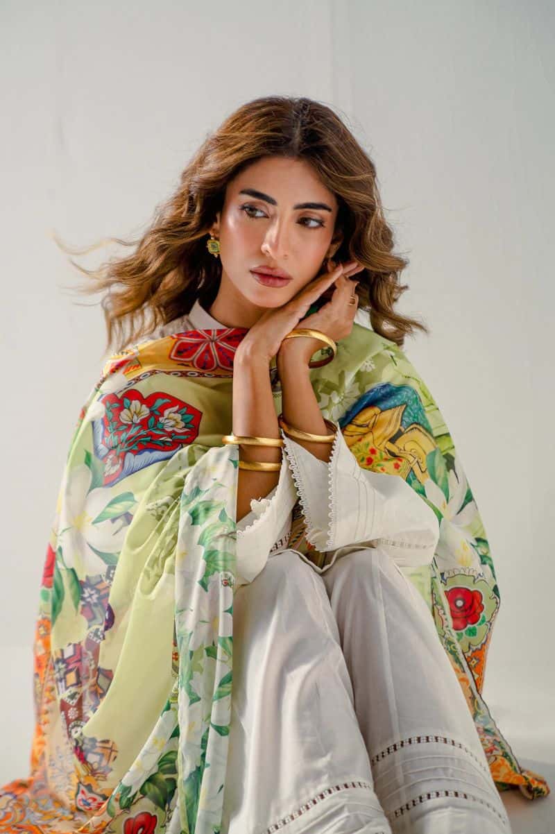 Poly Silk Printed Stole-Green - alternate view