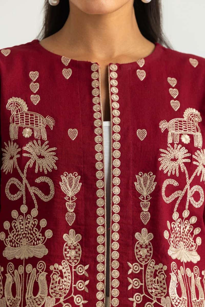 Karandi Gold Slub Embroidered Waistcoat - alternate view