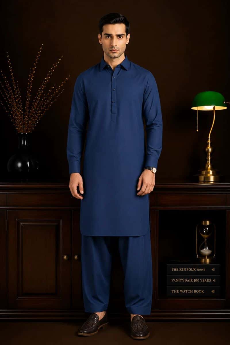 Navy Blue Blended Kameez Shalwar