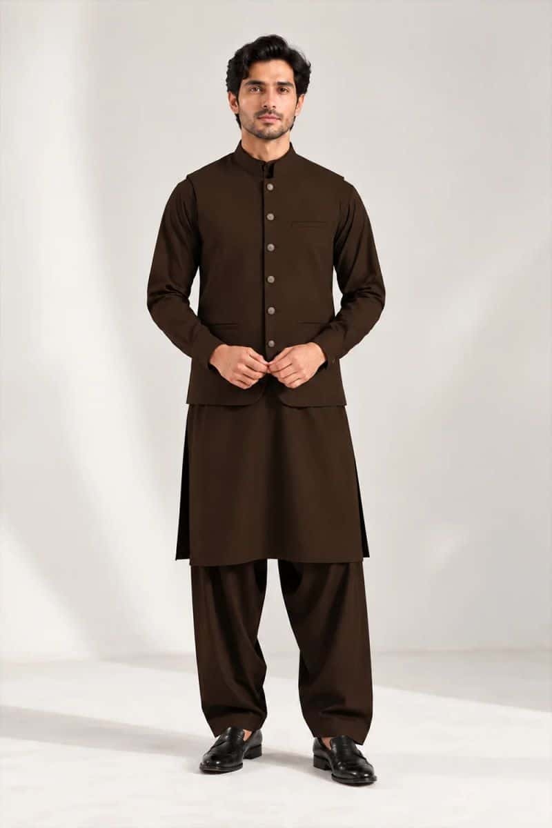 Men's Blended Kameez Shalwar with Waistcoat – coffee brown