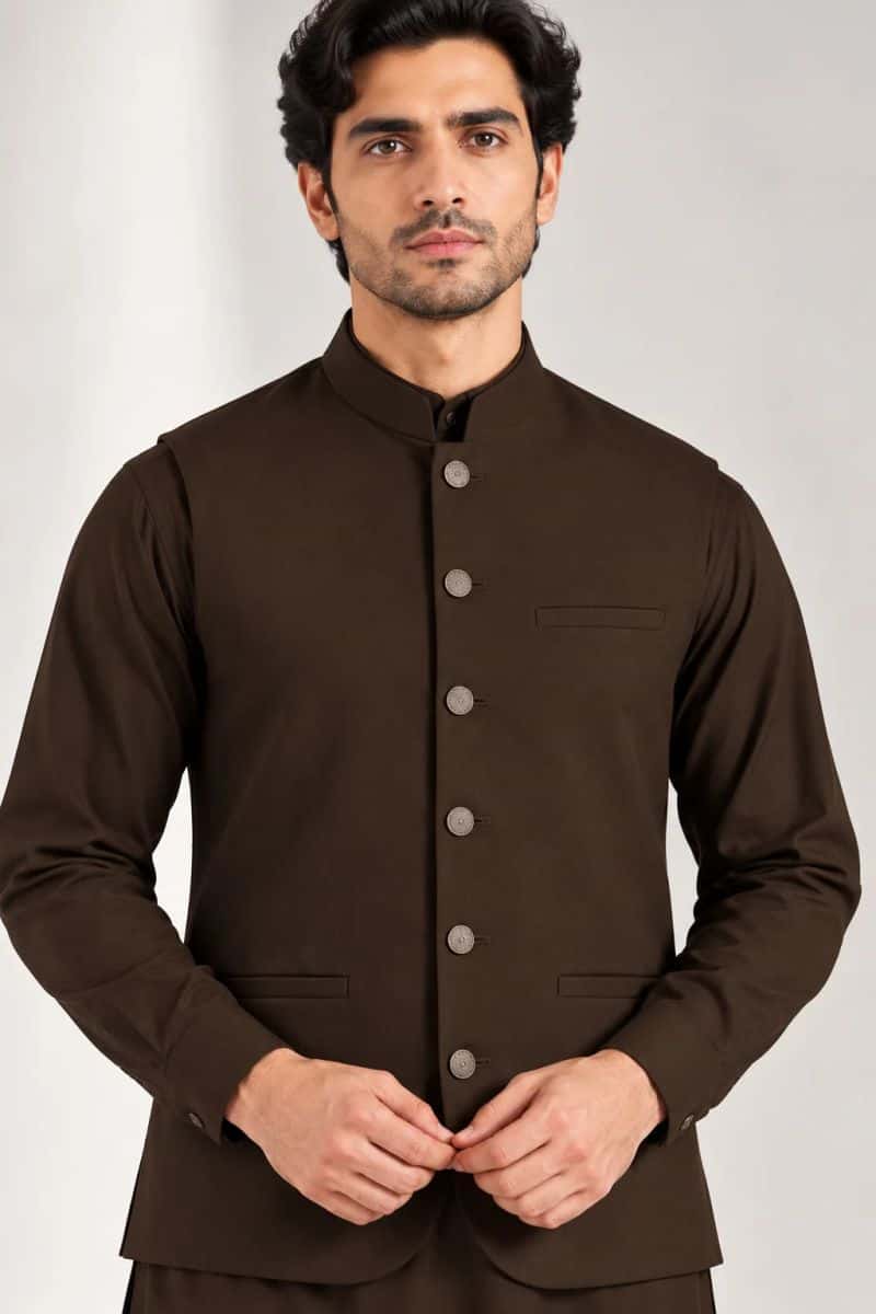 Men's Blended Kameez Shalwar with Waistcoat – coffee brown - alternate view