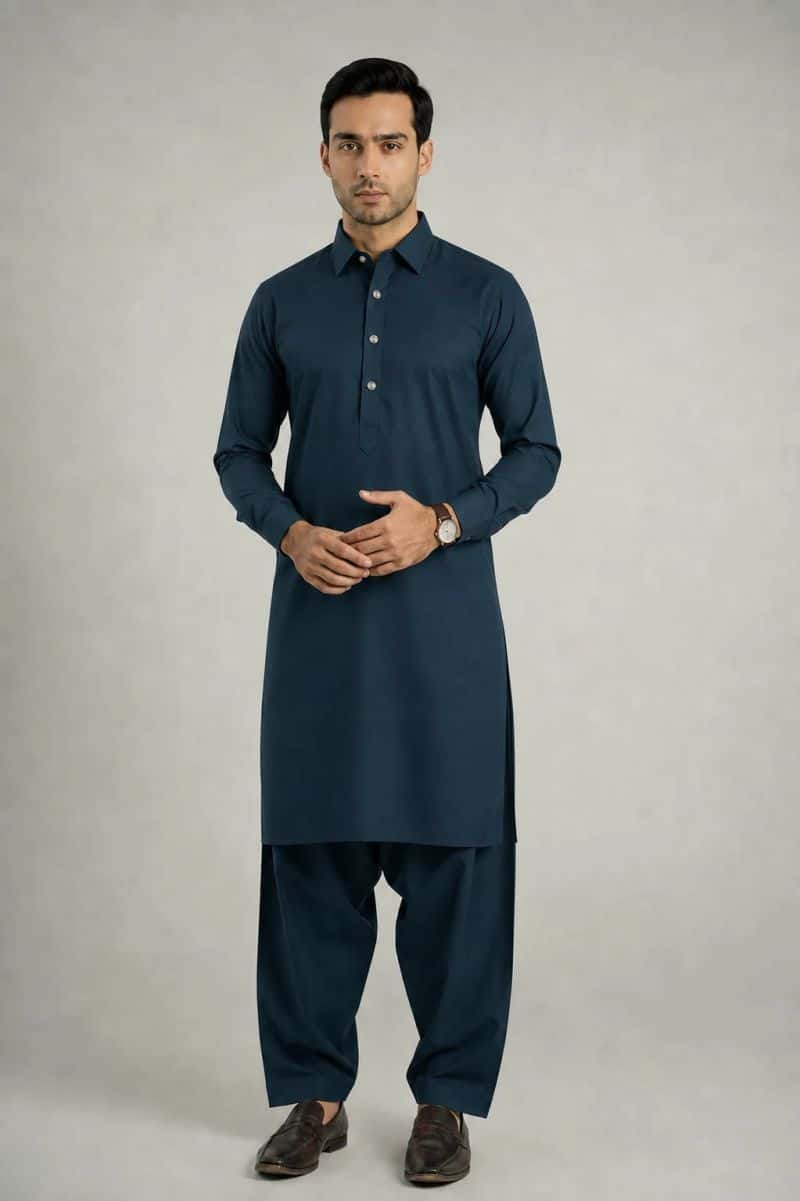 MEN'S BLENDED KAMEEZ SHALWAR – TEAL GREEN