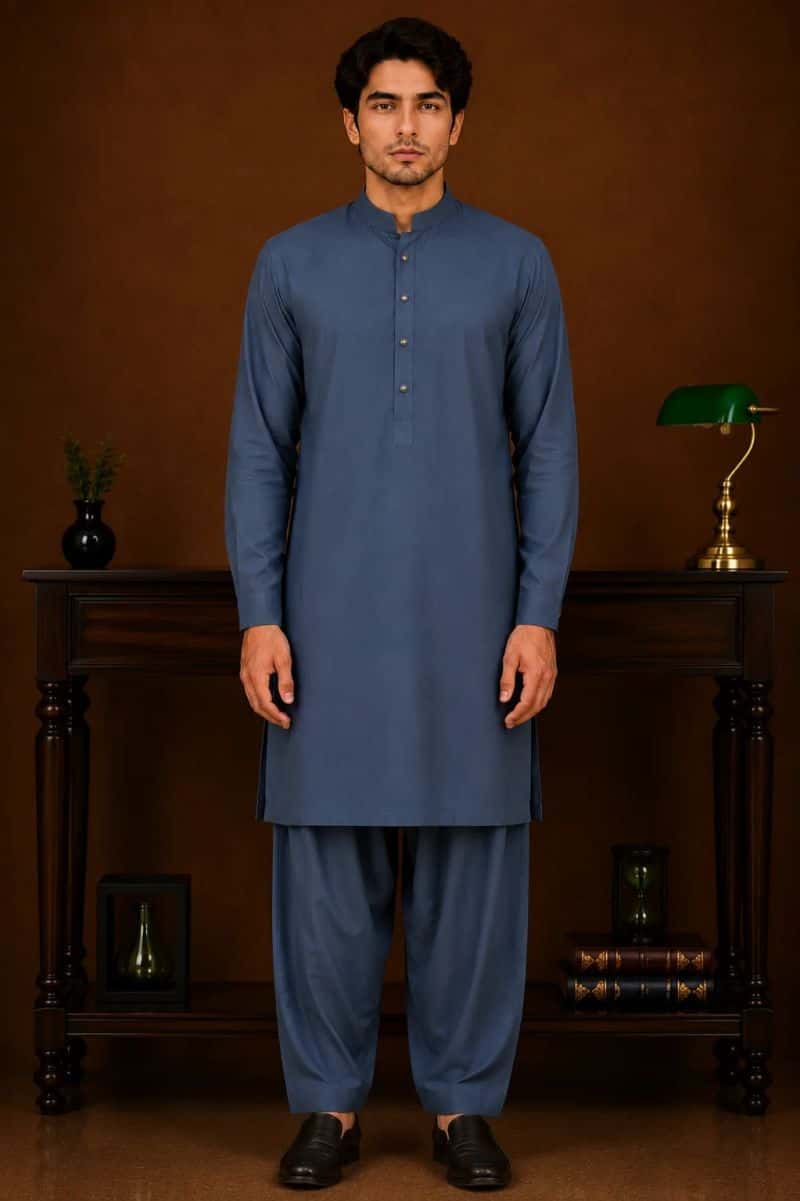 Men's Wash & Wear Kameez Shalwar - Teal Blue