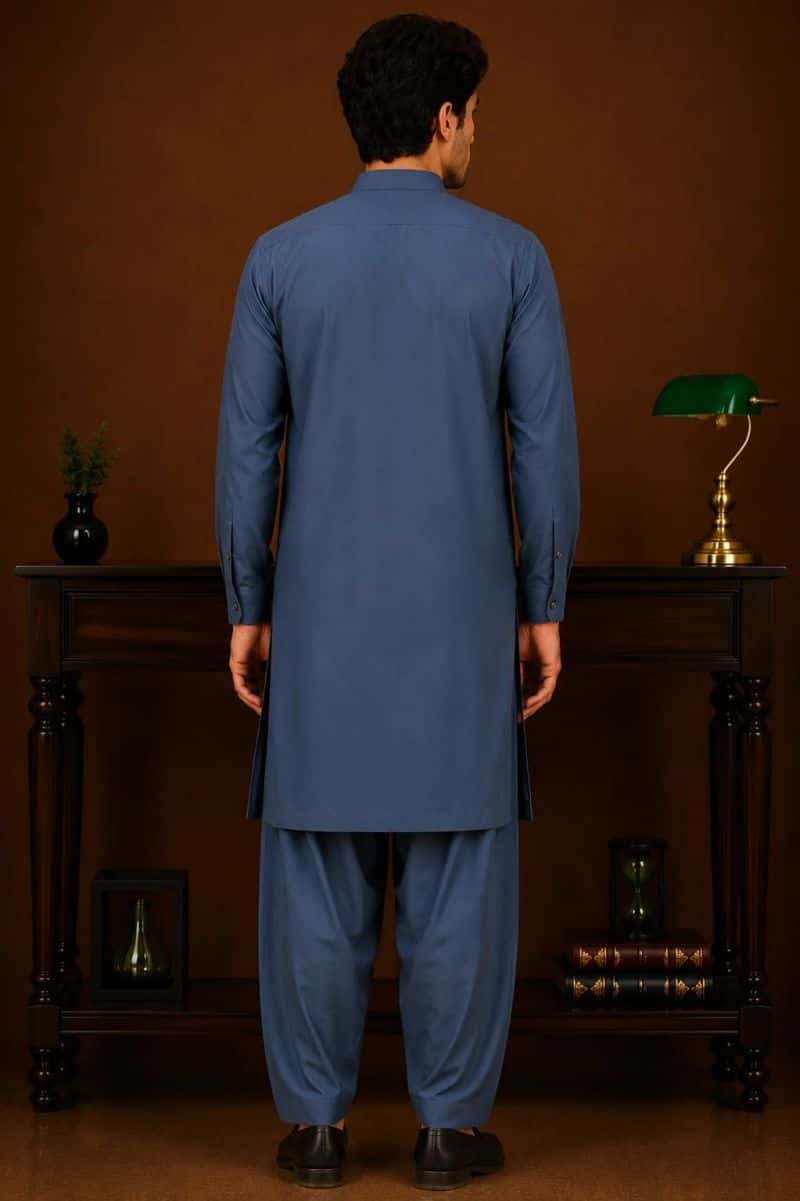 Men's Wash & Wear Kameez Shalwar - Teal Blue - alternate view