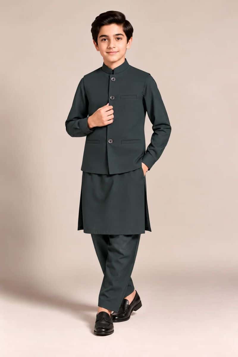 Boys Kameez Shalwar & Waistcoat Combo – teal green
