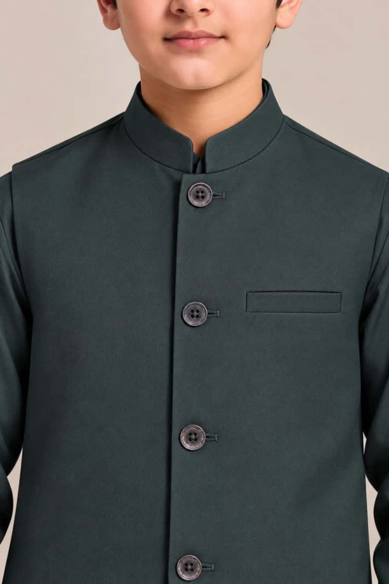 Boys Kameez Shalwar & Waistcoat Combo – teal green - alternate view