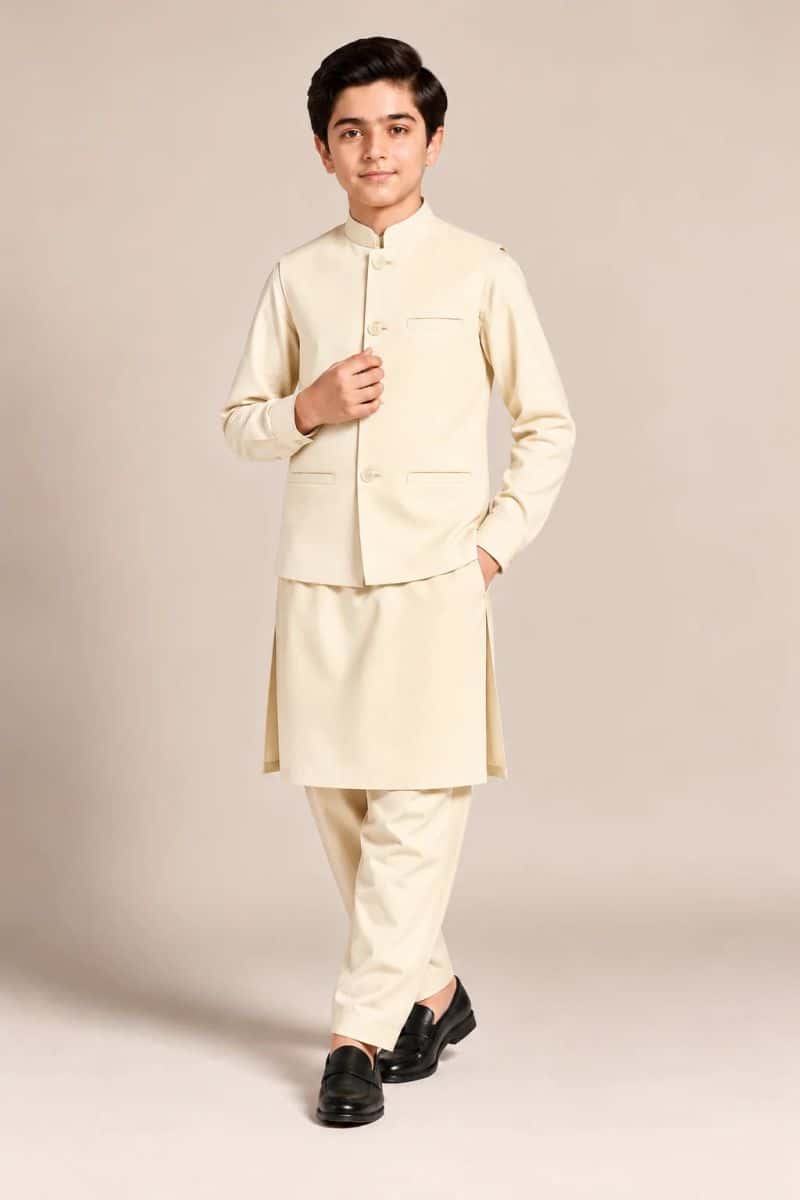 Boys Kameez Shalwar & Waistcoat Combo – cream