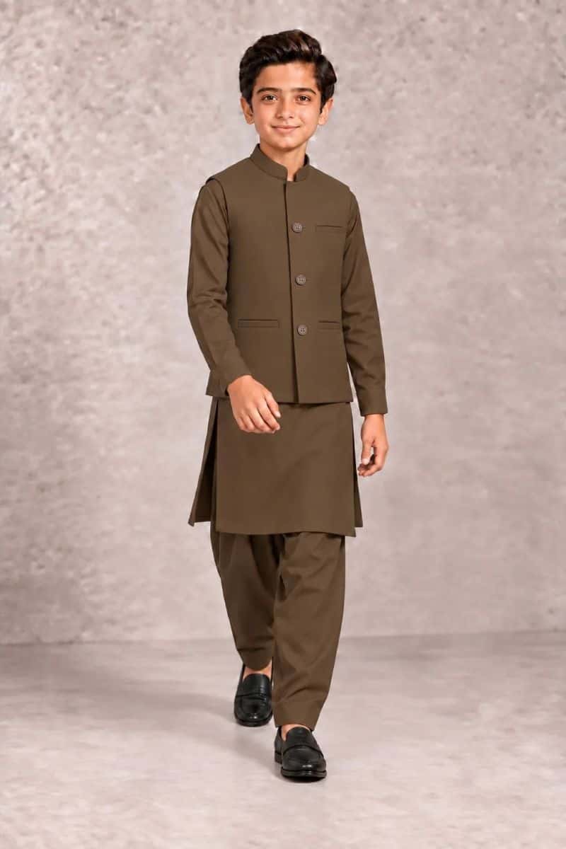 Boys Kameez Shalwar & Waistcoat Combo – coffee brown