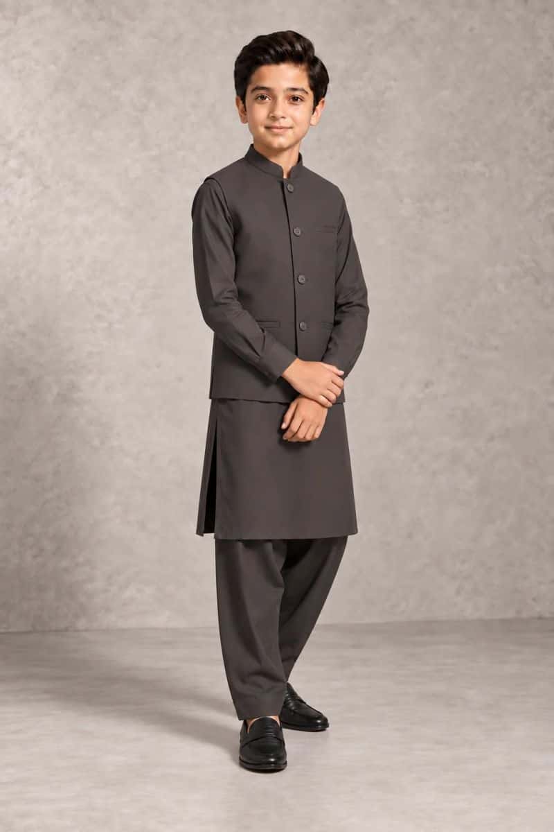 Boys Kameez Shalwar & Waistcoat Combo – charcoal