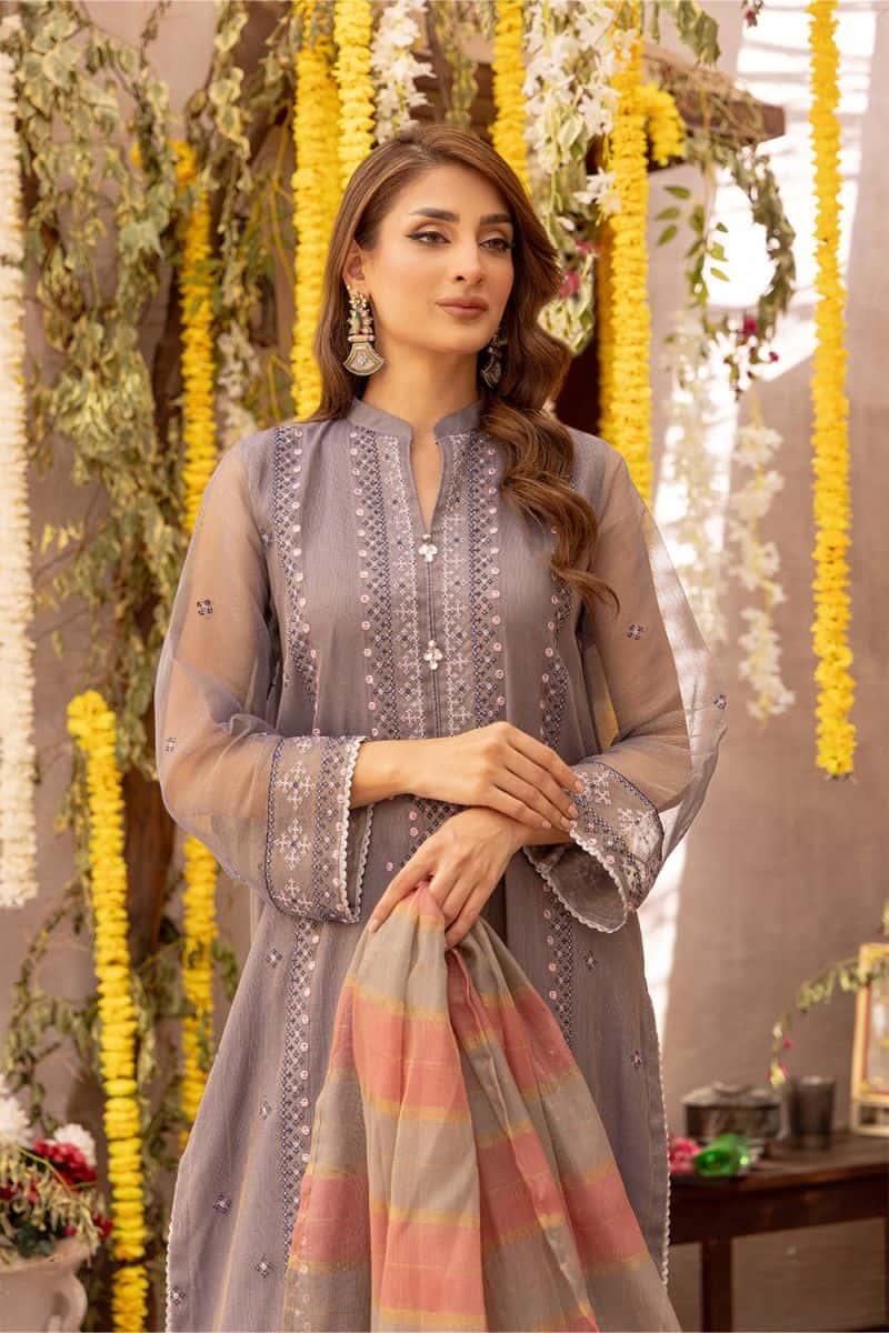 3 Pc Grey Embroidered Zari Net Luxury Stitched Suit - alternate view