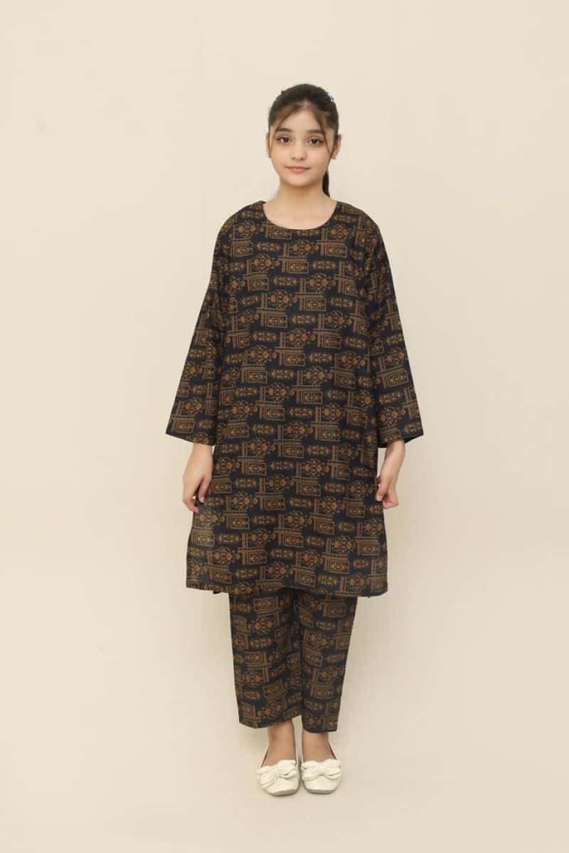 Plum Premium Khaddar Black Colour Printed Golden Patterns On 2 pc Stitched suit For Girls