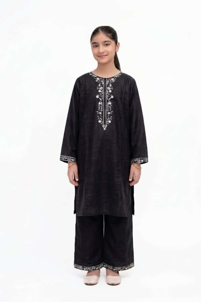 Plum Khaddar Black Colour embroidered with Grey threads on 2pc stitched suit for Girls.