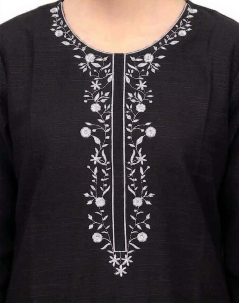 Plum Khaddar Black Colour embroidered with Grey threads on 2pc stitched suit for Girls. - alternate view