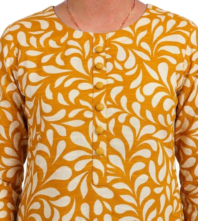 Plum Khaddar Mustard Colour printed White Patterns with Mustard buttons on 2pc stitched suit for Girls. - alternate view