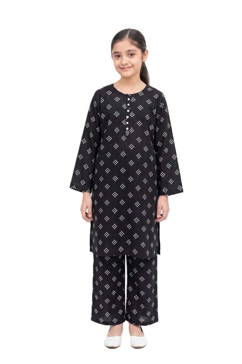 Plum Lilen (imported fabric) Black Colour White Patterns with White buttons on 2pc stitched suit for Girls.