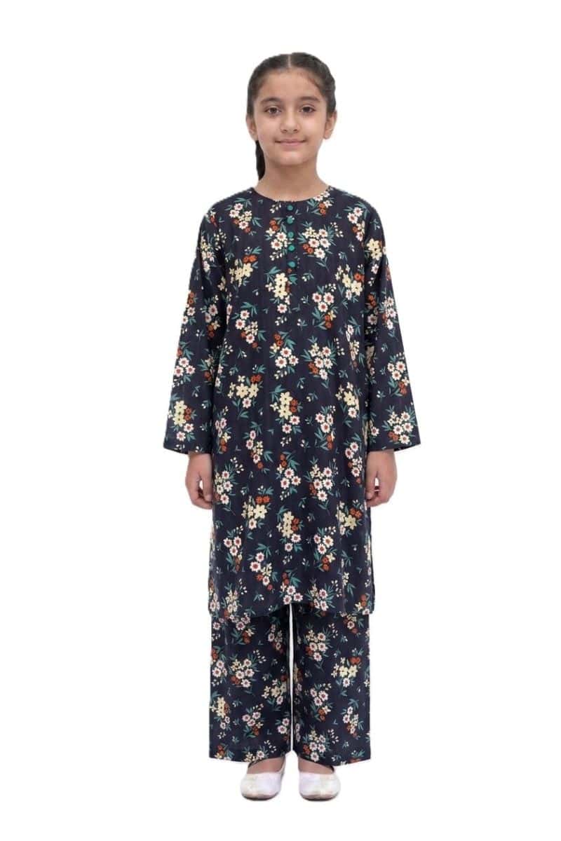 Plum Khaddar Black colour printed Green Red White Flowers with Green buttons 2pc stitched suit for Girls