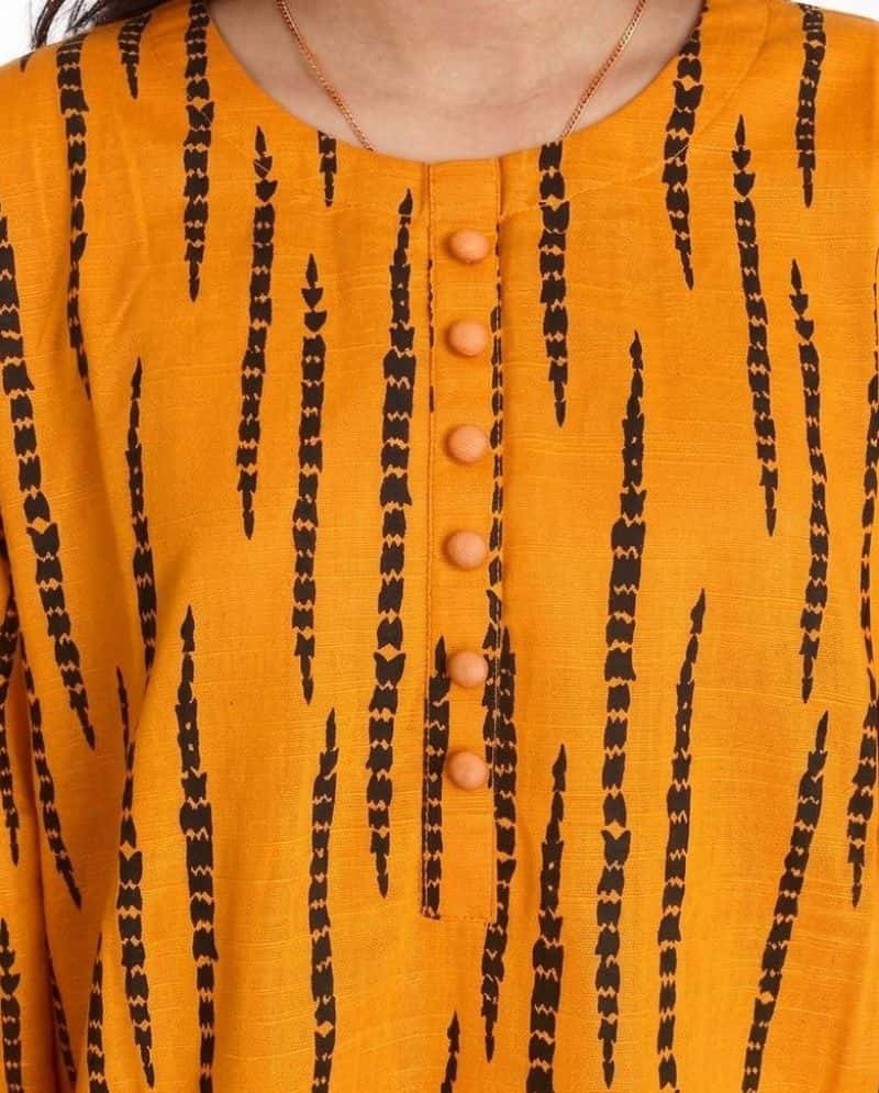Plum Khaddar Mustard colour printed Black Patterns with Mustard buttons on 2pc stitched suit for Girls. - alternate view