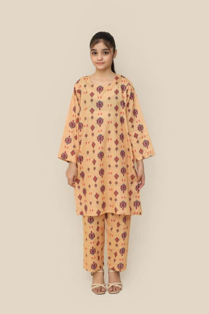 Plum Premium Khaddar Yellow Colour Printed Red Blue Yellow Patterns On 2 pc Stitched suit For Girls
