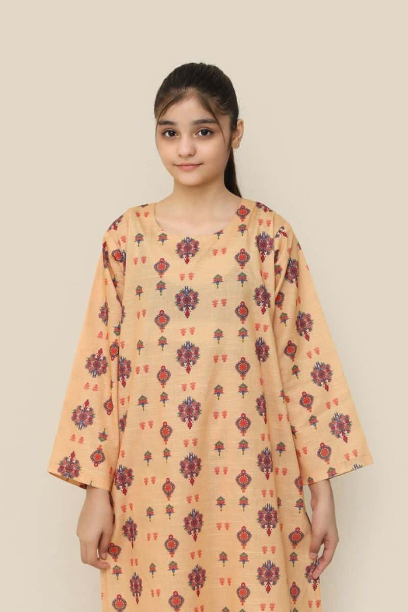 Plum Premium Khaddar Yellow Colour Printed Red Blue Yellow Patterns On 2 pc Stitched suit For Girls - alternate view