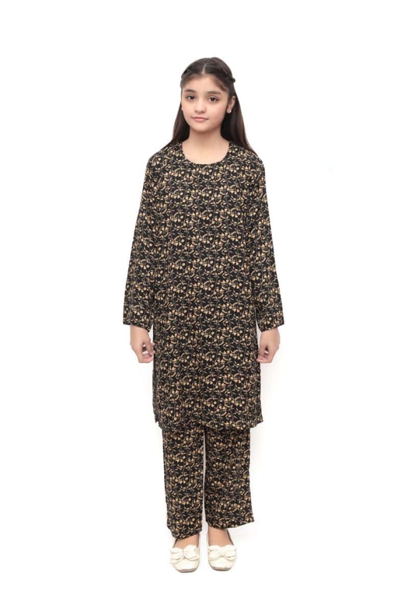 Plum Premium Marina Black Colour Printed Yellow Flowers On 2 pc Stitched suit For Girls