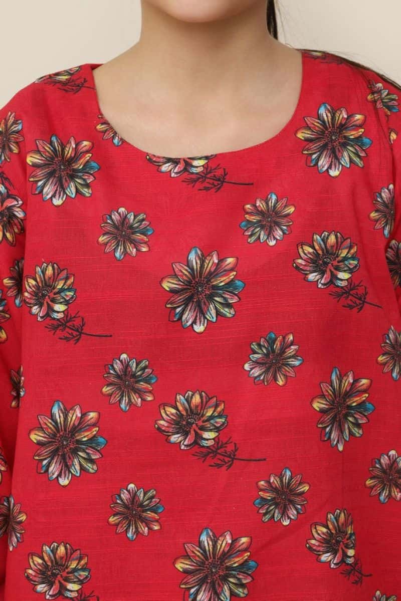 Plum Premium Khaddar Red Colour Printed Pink Blue White Flowers On 2 pc Stitched suit For Girls - alternate view