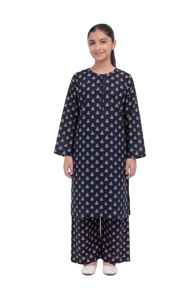 Plum Khaddar Navy Blue colour printed Mustard Yellow Flowers with Blue buttons on 2pc stitched suit for Girls