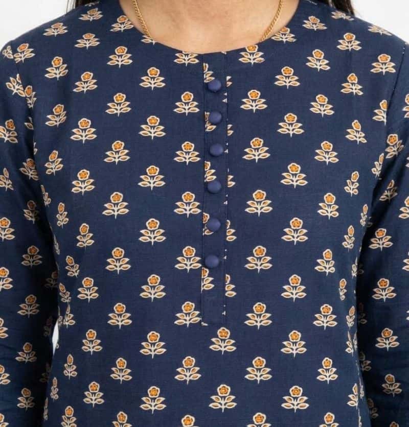 Plum Khaddar Navy Blue colour printed Mustard Yellow Flowers with Blue buttons on 2pc stitched suit for Girls - alternate view