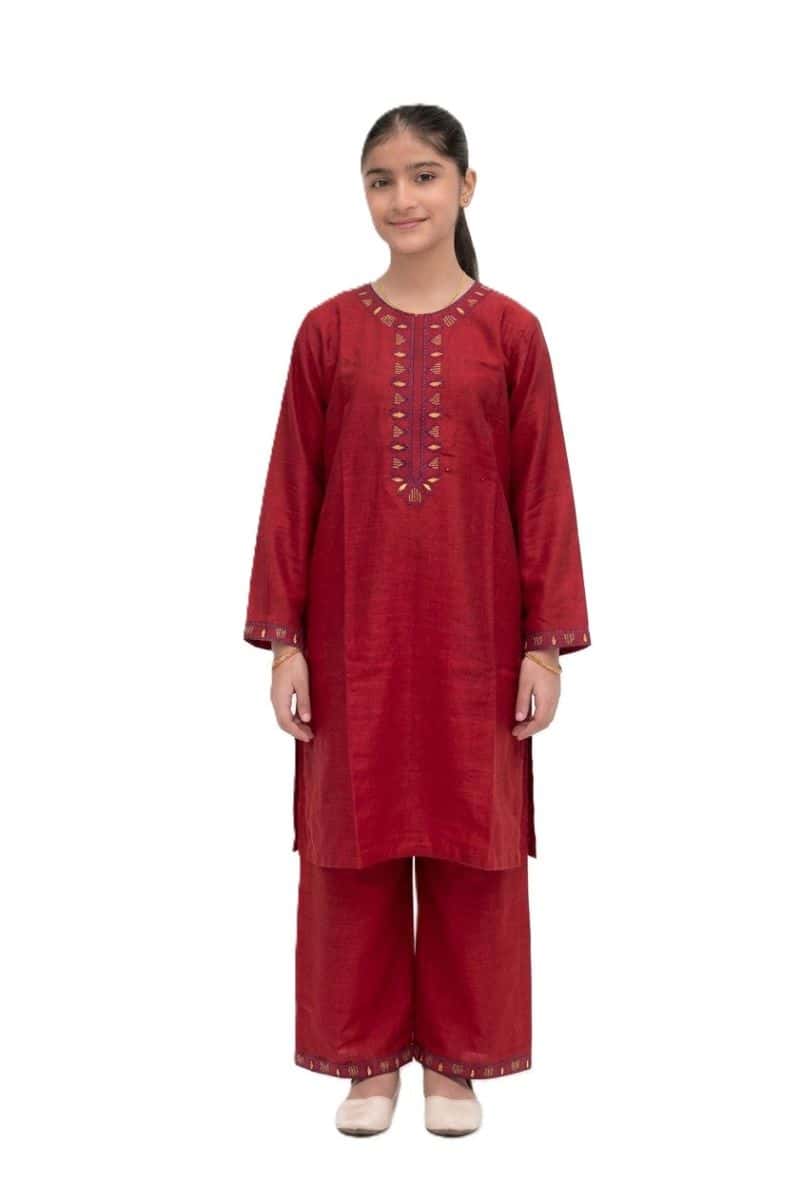 Plum Khaddar Light Maroon Colour embroidered with Mustard & Blue threads on 2pc stitched suit for Girls.