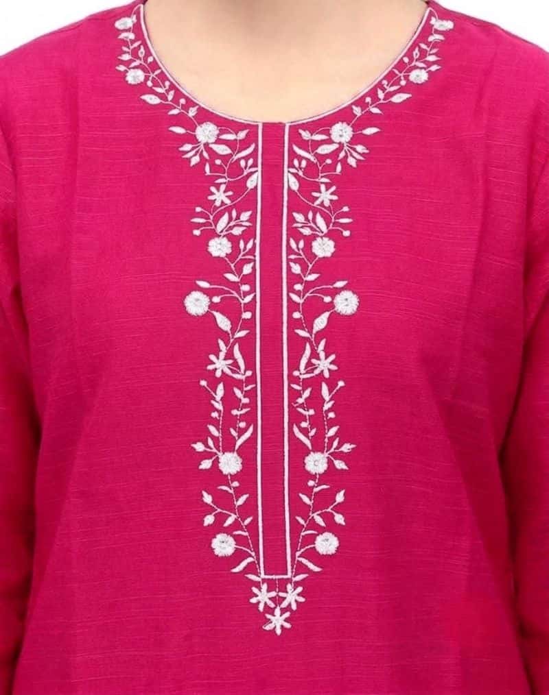 Plum Khaddar Dark Pink Colour embroidered with White threads on 2pc stitched suit for Girls. - alternate view