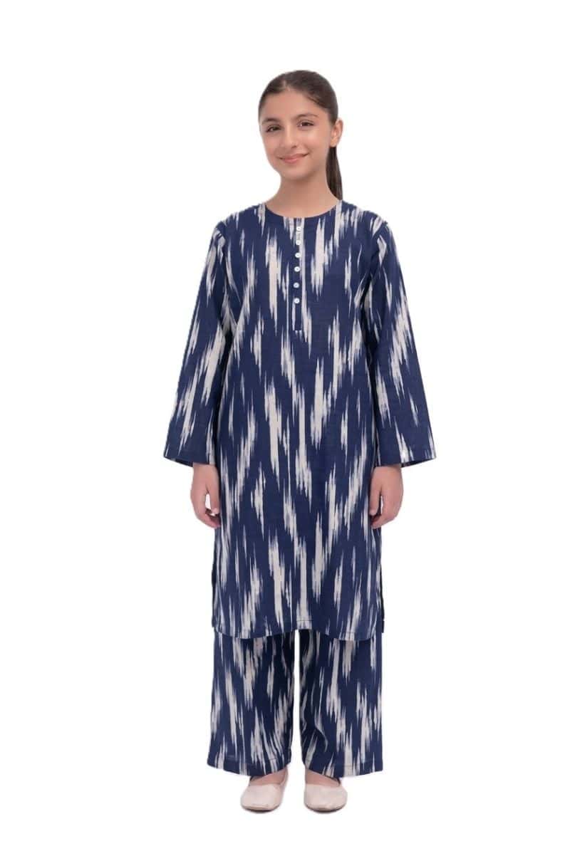Plum Khaddar Blue Colour Printed White Patterns with White Buttons on 2pc stitched suit for Girls.