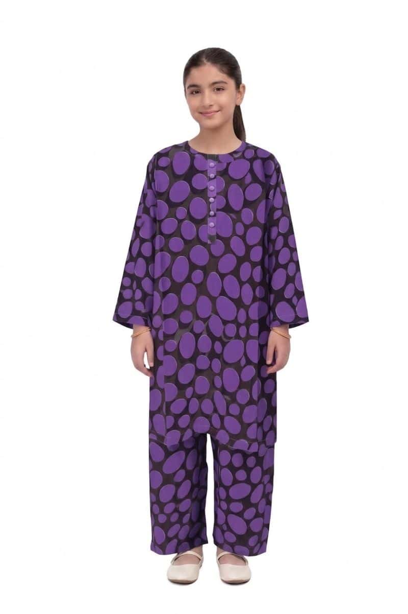 Plum Lilen (imported Fabric) Black colour printed Purple Patterns with Purple buttons on 2pc stitched suit for Girls.