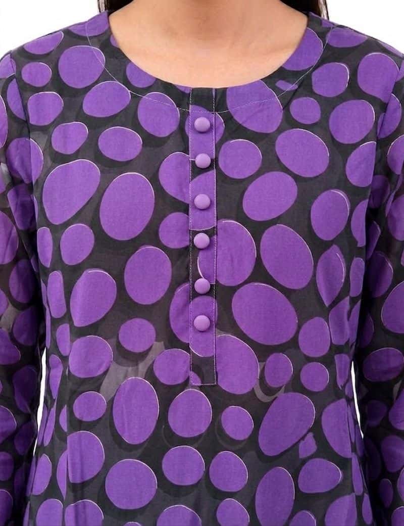Plum Lilen (imported Fabric) Black colour printed Purple Patterns with Purple buttons on 2pc stitched suit for Girls. - alternate view