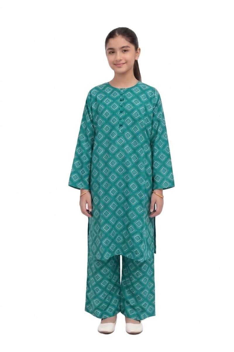 Plum Lilen (imported Fabric) Sea Green colour printed White Patterns with Sea Green buttons on 2pc stitched suit for Girls.