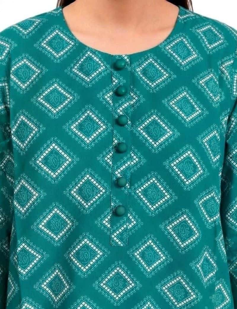 Plum Lilen (imported Fabric) Sea Green colour printed White Patterns with Sea Green buttons on 2pc stitched suit for Girls. - alternate view