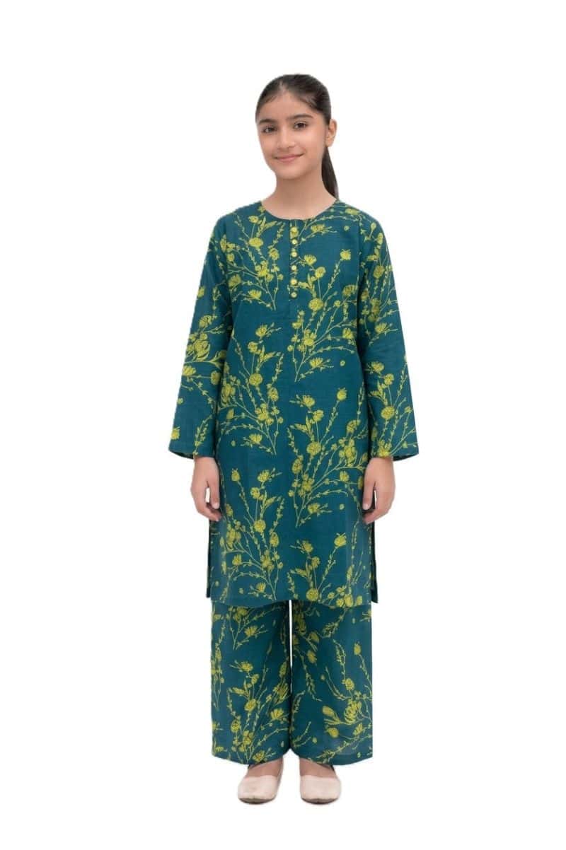 Plum Khaddar Teal colour printed Green Flowers with Yellow buttons on 2pc stitched suit for Girls
