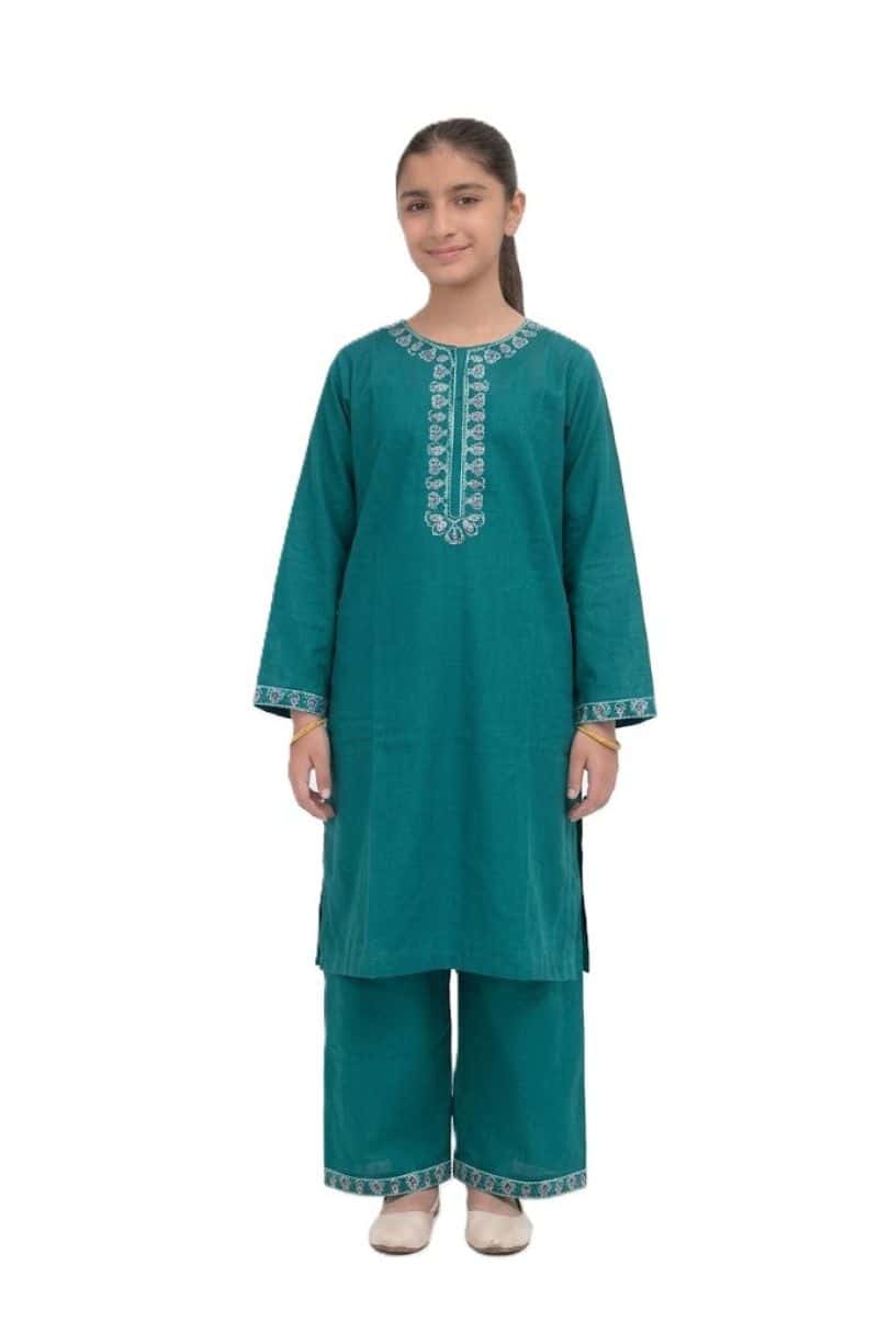 Plum Khaddar Teal Colour embroidered with Green & Pink threads on 2pc stitched suit for Girls.