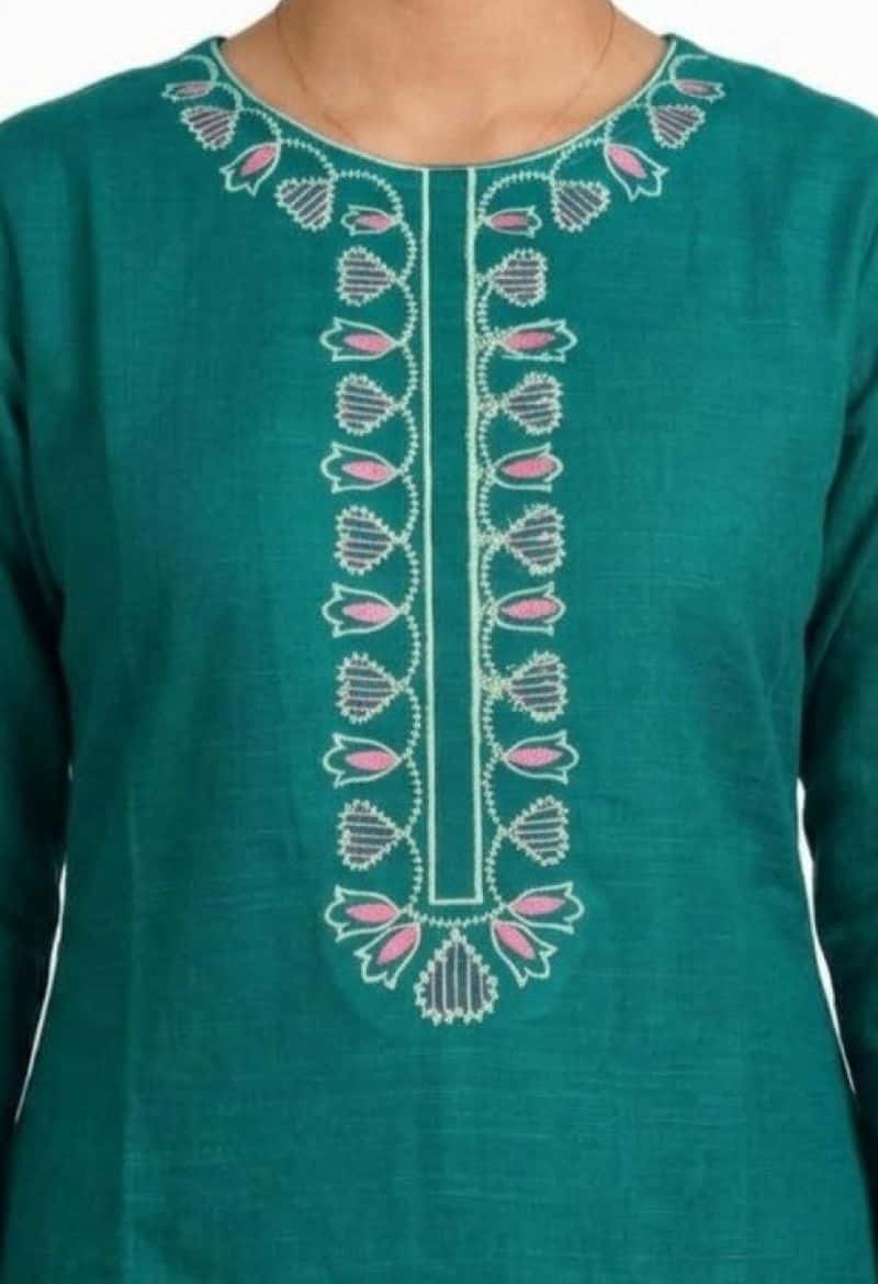 Plum Khaddar Teal Colour embroidered with Green & Pink threads on 2pc stitched suit for Girls. - alternate view