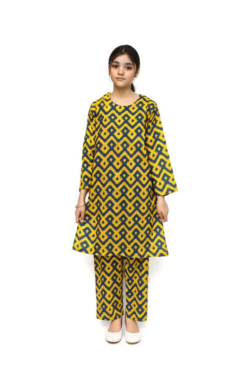 Plum Digital Lawn Yellow Colour Blue Patterns on 2 Pc stitched suit for Girls