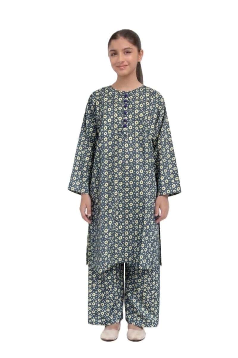 Plum Khaddar Grey colour printed Yellow & Blue flowers with Blue buttons on 2pc stitched suit for Girls