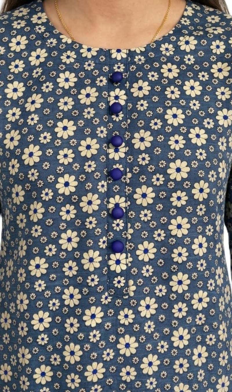 Plum Khaddar Grey colour printed Yellow & Blue flowers with Blue buttons on 2pc stitched suit for Girls - alternate view