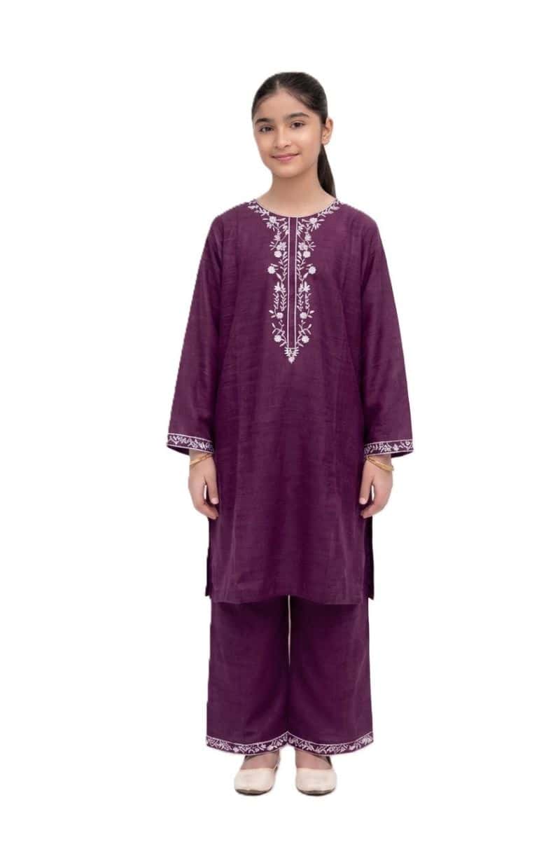 Plum Dhanak Dark Purple Colour embroidered with Light Purple threads on 2pc stitched suit for Girls.
