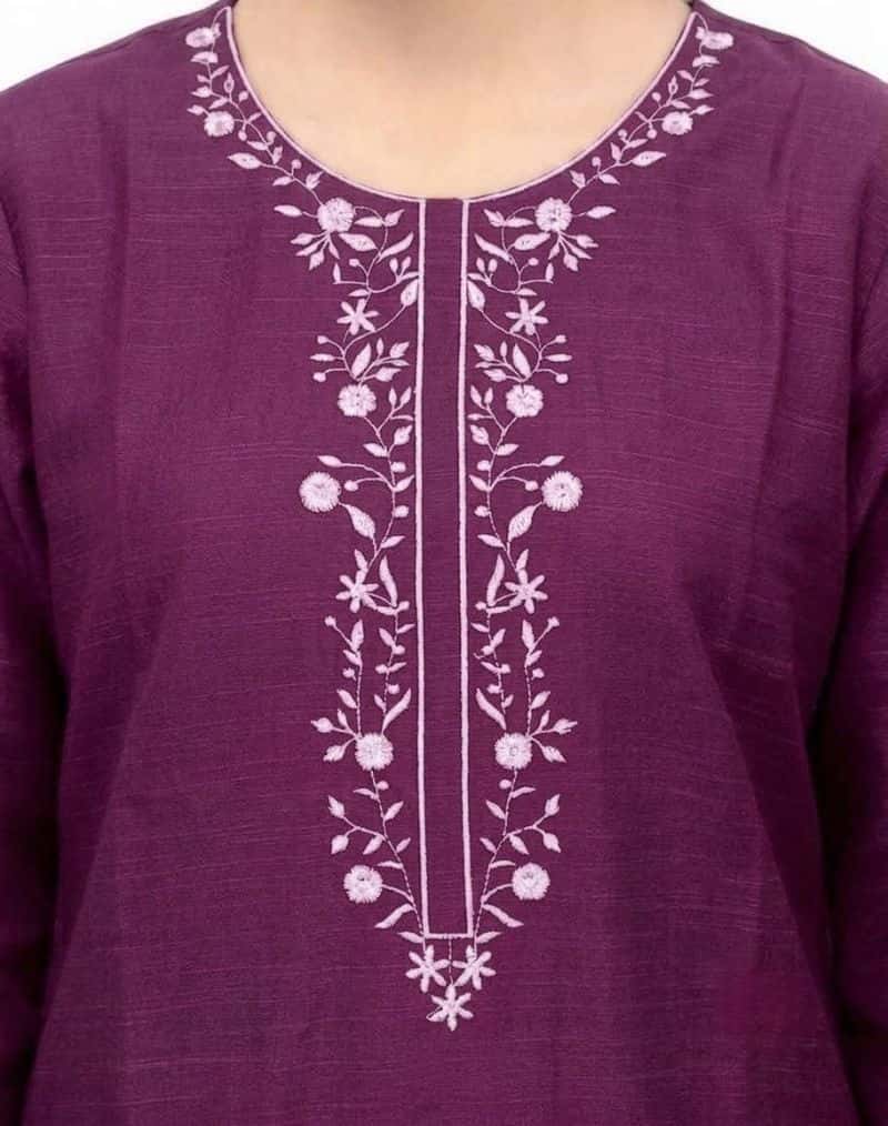 Plum Dhanak Dark Purple Colour embroidered with Light Purple threads on 2pc stitched suit for Girls. - alternate view