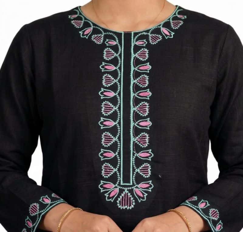 Plum Khaddar Black Colour embroidered with Green & Pink threads on 2pc stitched suit for Girls. - alternate view
