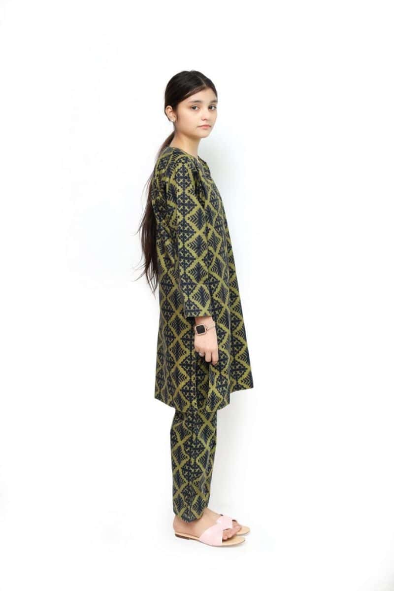 Plum Digital Lawn Olive Colour Printed Dark Blue Patterns on 2 Pc stitched suit for Girls. - alternate view