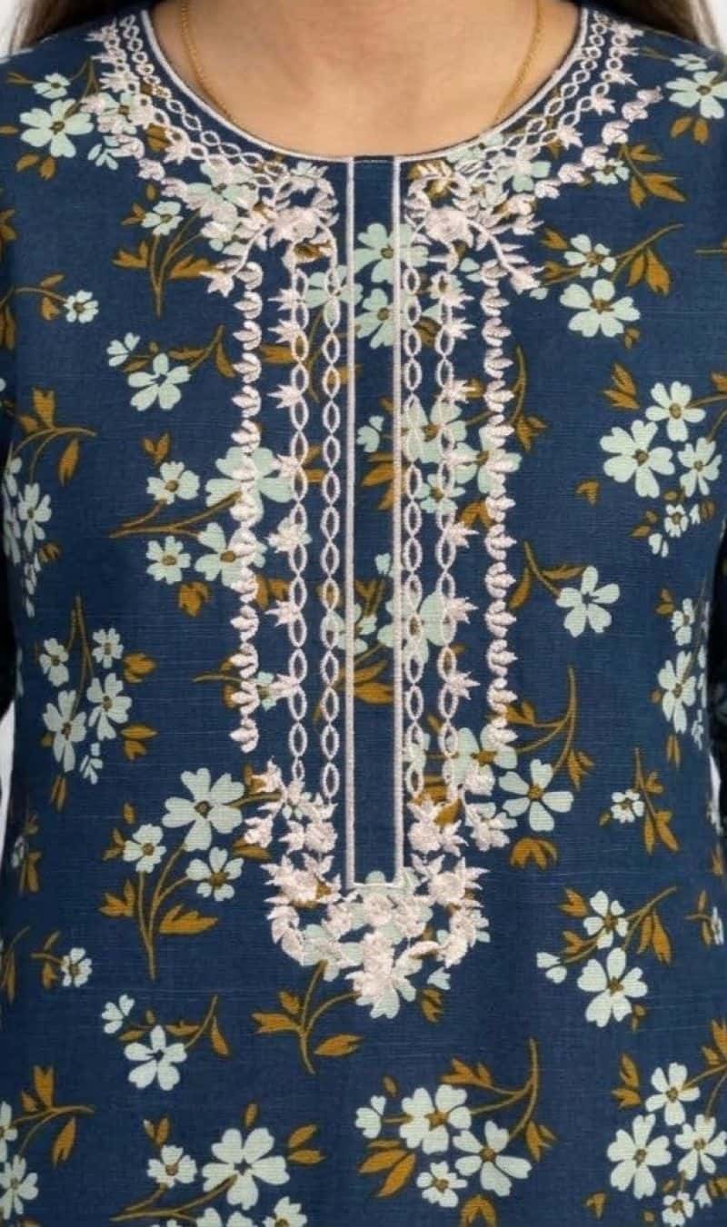 Plum Khaddar Teal Colour printed White & Mustsrd flowers embroidered with White threads on 2pc stitched suit for Girls - alternate view