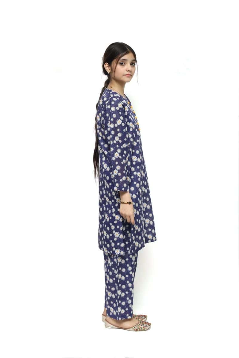 Plum Digital Lawn Navy Blue Colour Printed White Yellow Flowers with Yellow buttons On 2 Pc stitched suit for Girls. - alternate view
