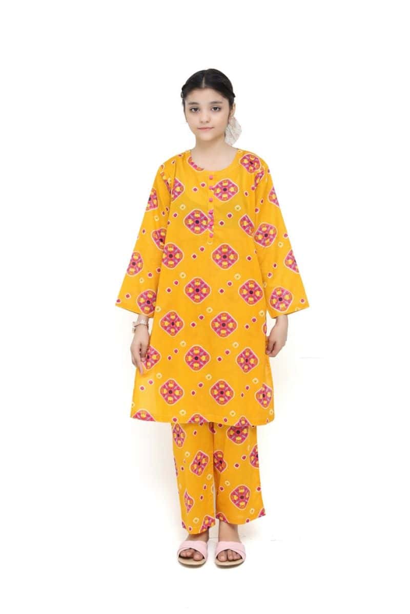 Plum Digital Lawn Yellow Colour Printed Pink Orange Patterns with Pink buttons On 2 Pc stitched suit for Girls.