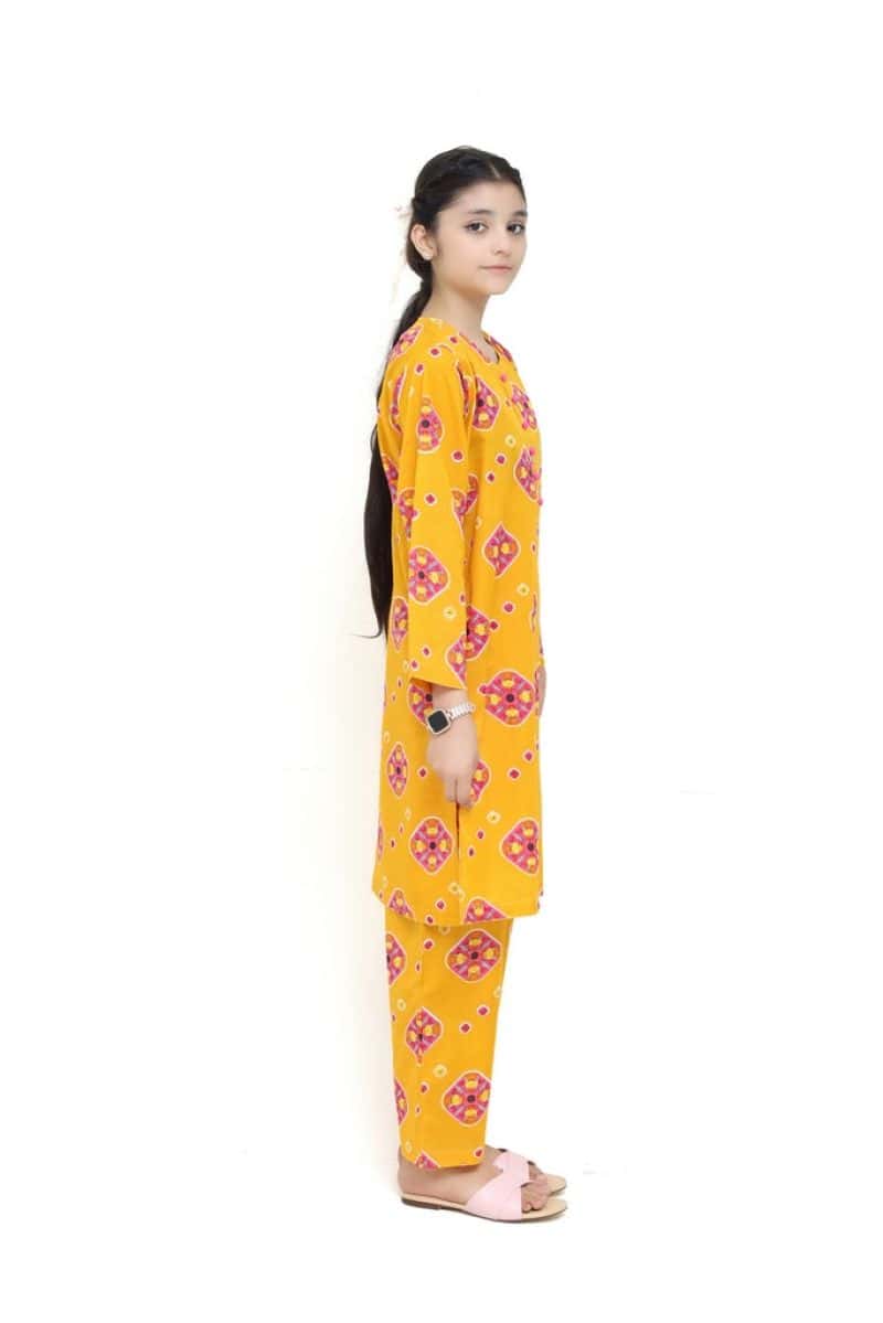 Plum Digital Lawn Yellow Colour Printed Pink Orange Patterns with Pink buttons On 2 Pc stitched suit for Girls. - alternate view