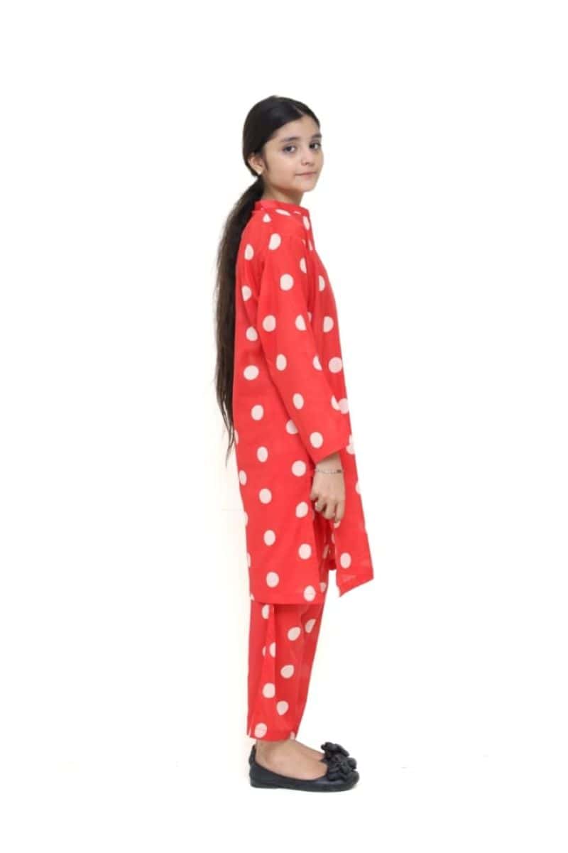 Plum Digital Lawn Reddish Orange Colour printed Off White Dots On 2 Pc stitched suit for Girls - alternate view